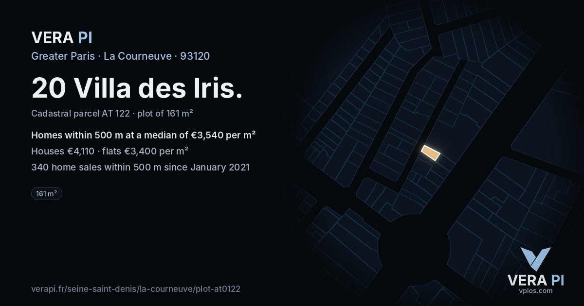 20 Villa des Iris, La Courneuve at night – the plot lit, the parcels around coloured by the prices near them