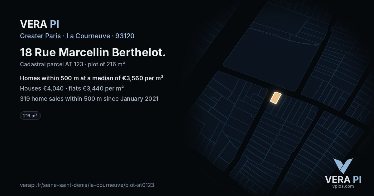 18 Rue Marcellin Berthelot, La Courneuve at night – the plot lit, the parcels around coloured by the prices near them