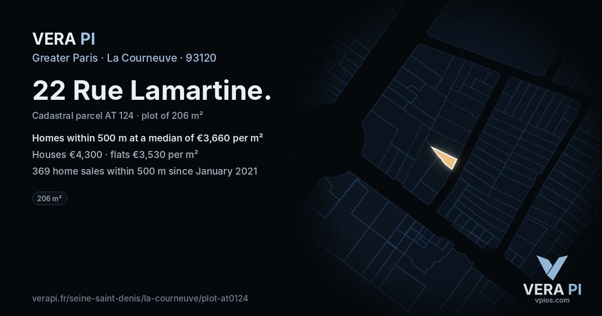 22 Rue Lamartine, La Courneuve at night – the plot lit, the parcels around coloured by the prices near them