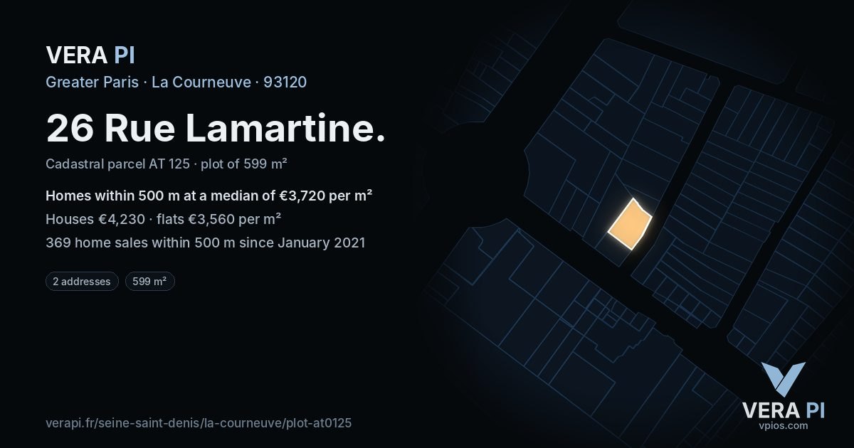 26 Rue Lamartine, La Courneuve at night – the plot lit, the parcels around coloured by the prices near them