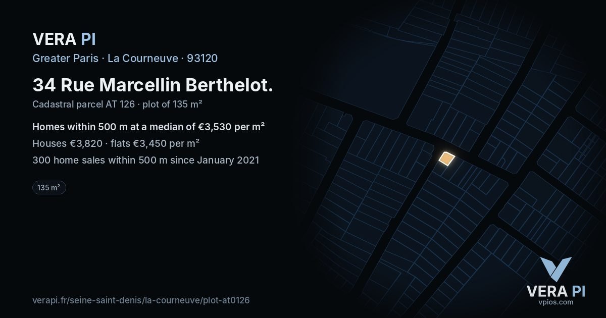 34 Rue Marcellin Berthelot, La Courneuve at night – the plot lit, the parcels around coloured by the prices near them