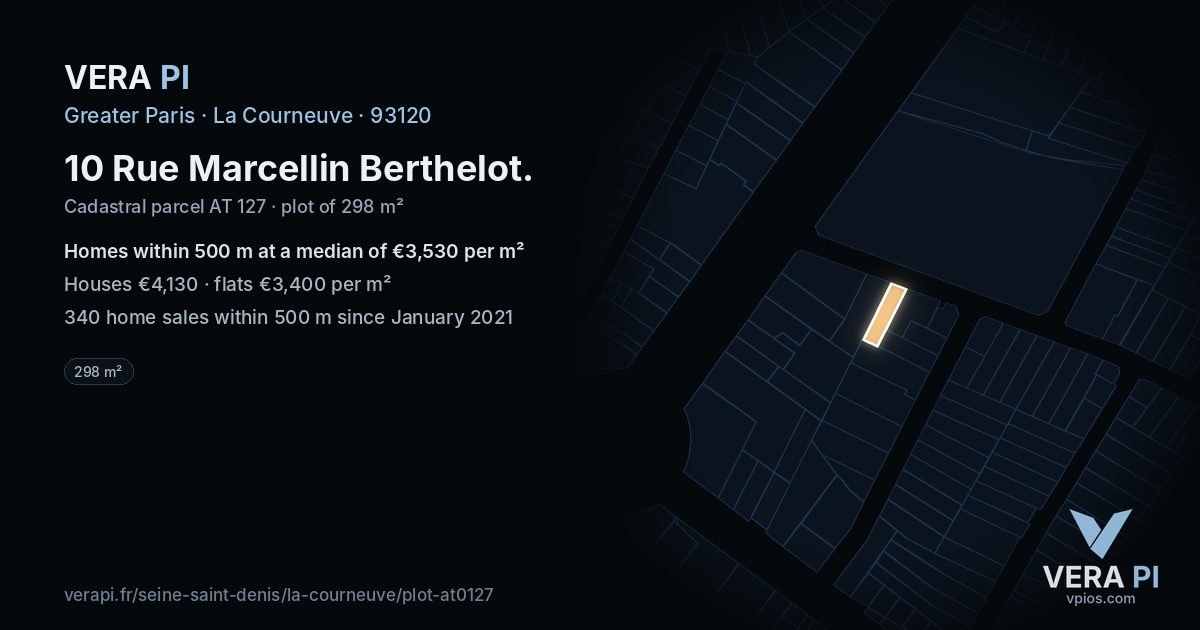 10 Rue Marcellin Berthelot, La Courneuve at night – the plot lit, the parcels around coloured by the prices near them