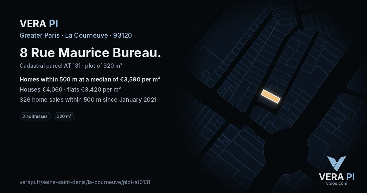 8 Rue Maurice Bureau, La Courneuve at night – the plot lit, the parcels around coloured by the prices near them