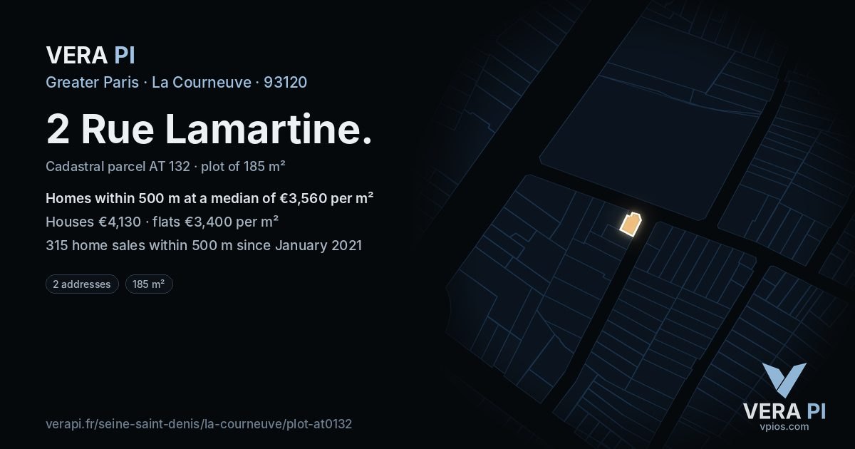 2 Rue Lamartine, La Courneuve at night – the plot lit, the parcels around coloured by the prices near them