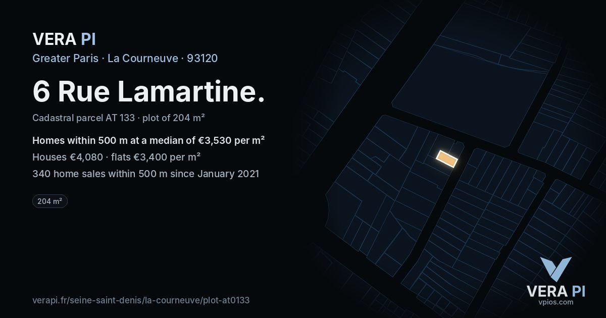 6 Rue Lamartine, La Courneuve at night – the plot lit, the parcels around coloured by the prices near them