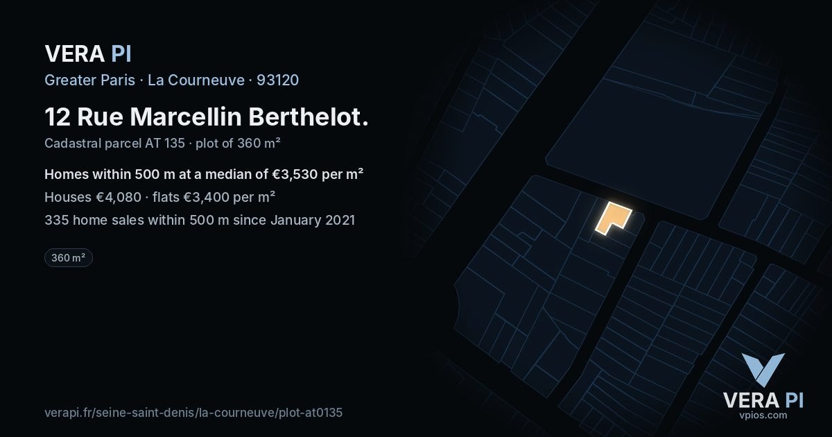 12 Rue Marcellin Berthelot, La Courneuve at night – the plot lit, the parcels around coloured by the prices near them
