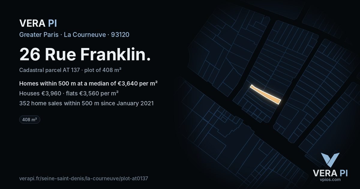 26 Rue Franklin, La Courneuve at night – the plot lit, the parcels around coloured by the prices near them