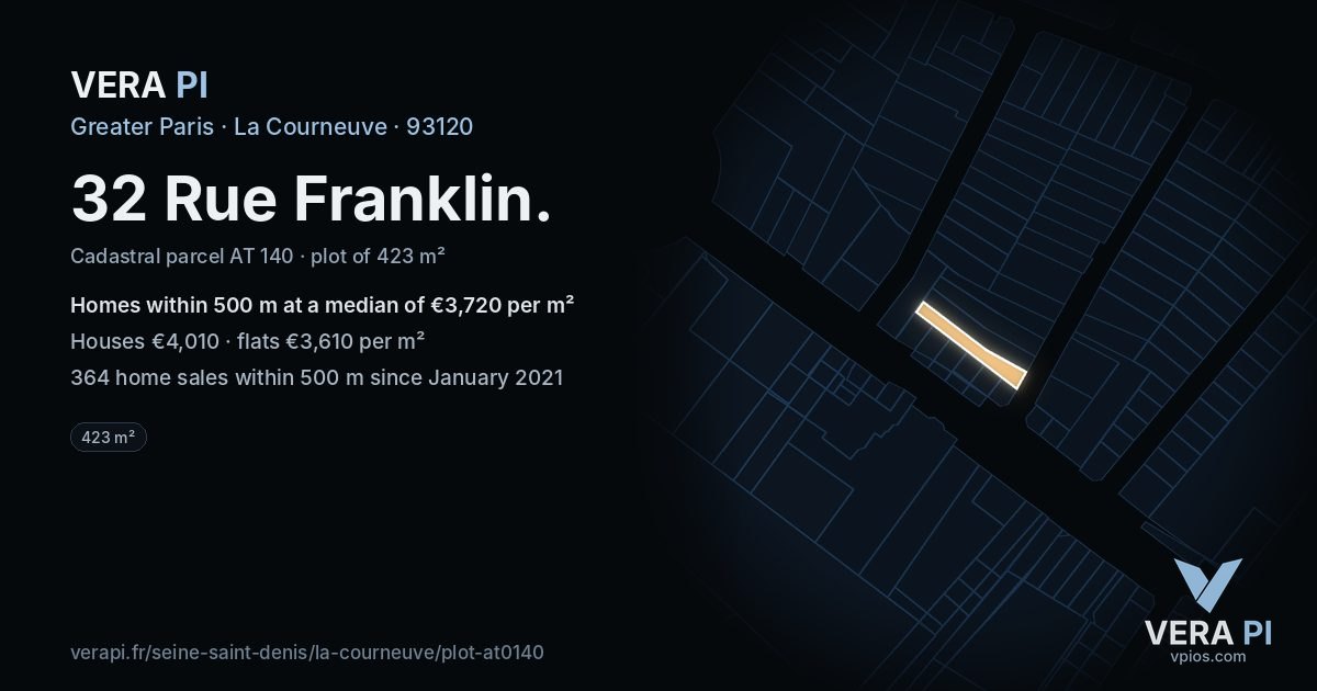 32 Rue Franklin, La Courneuve at night – the plot lit, the parcels around coloured by the prices near them
