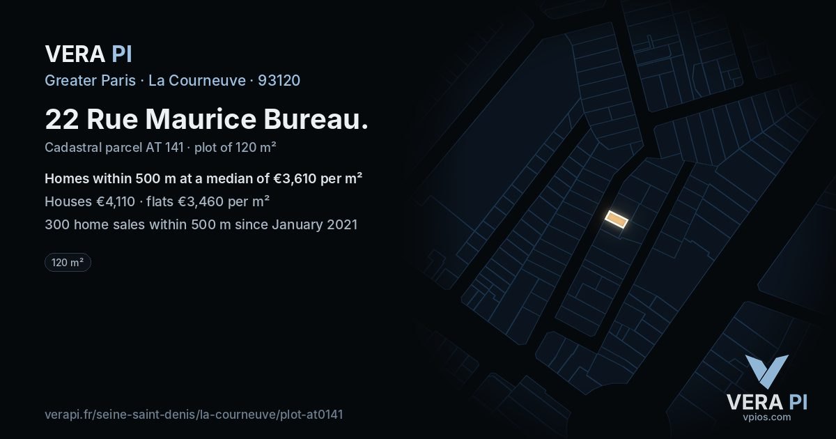 22 Rue Maurice Bureau, La Courneuve at night – the plot lit, the parcels around coloured by the prices near them