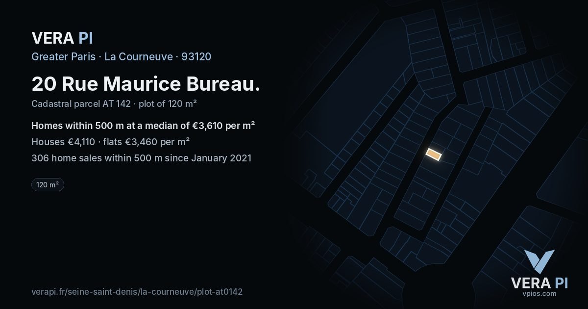 20 Rue Maurice Bureau, La Courneuve at night – the plot lit, the parcels around coloured by the prices near them