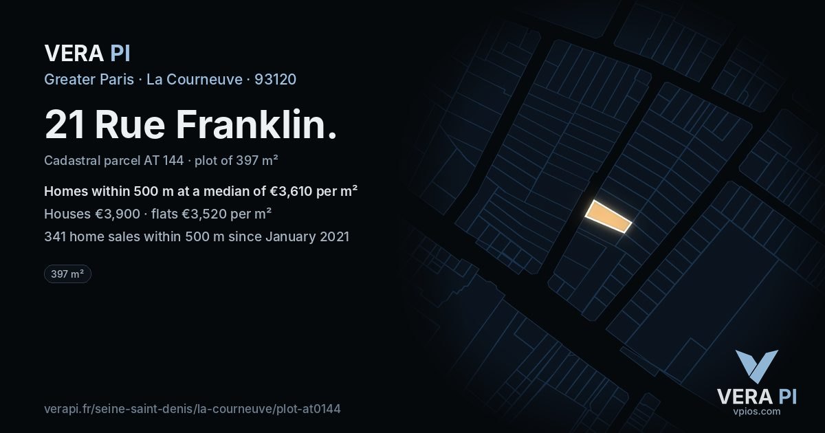21 Rue Franklin, La Courneuve at night – the plot lit, the parcels around coloured by the prices near them