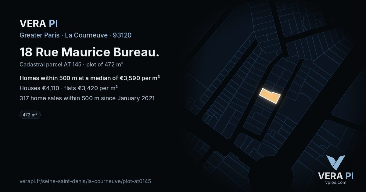 18 Rue Maurice Bureau, La Courneuve at night – the plot lit, the parcels around coloured by the prices near them