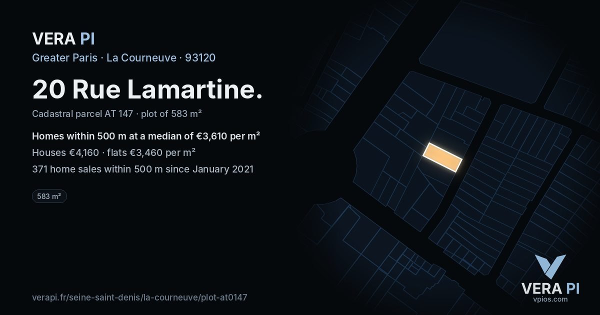 20 Rue Lamartine, La Courneuve at night – the plot lit, the parcels around coloured by the prices near them