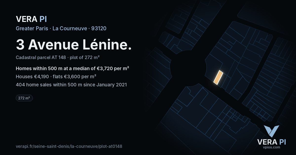 3 Avenue Lénine, La Courneuve at night – the plot lit, the parcels around coloured by the prices near them