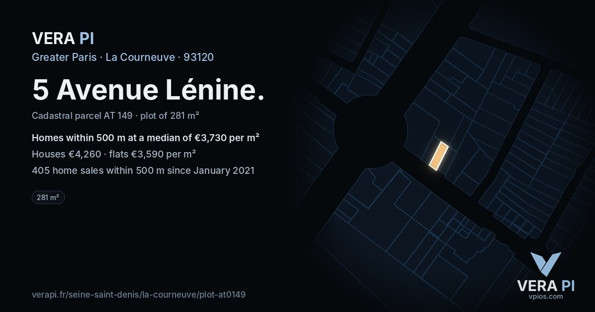 5 Avenue Lénine, La Courneuve at night – the plot lit, the parcels around coloured by the prices near them
