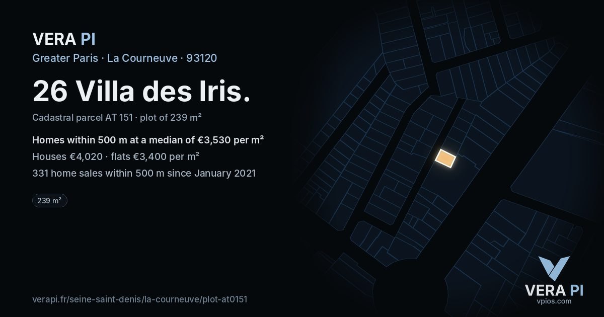 26 Villa des Iris, La Courneuve at night – the plot lit, the parcels around coloured by the prices near them