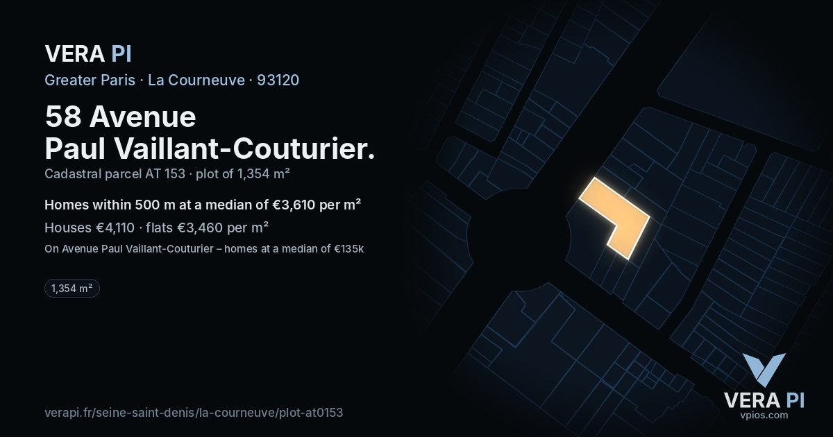 58 Avenue Paul Vaillant-Couturier, La Courneuve at night – the plot lit, the parcels around coloured by the prices near them
