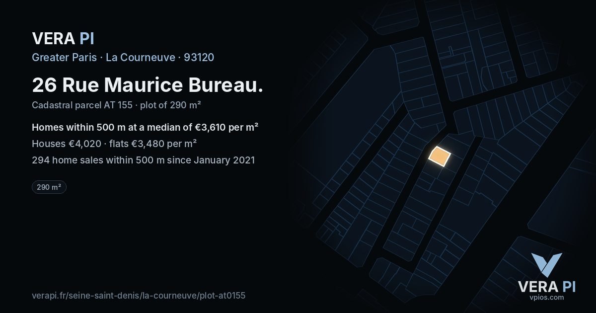 26 Rue Maurice Bureau, La Courneuve at night – the plot lit, the parcels around coloured by the prices near them