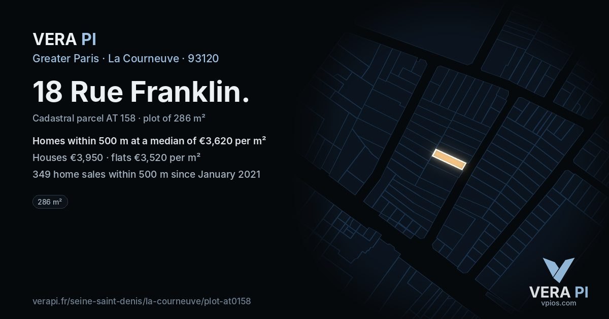 18 Rue Franklin, La Courneuve at night – the plot lit, the parcels around coloured by the prices near them