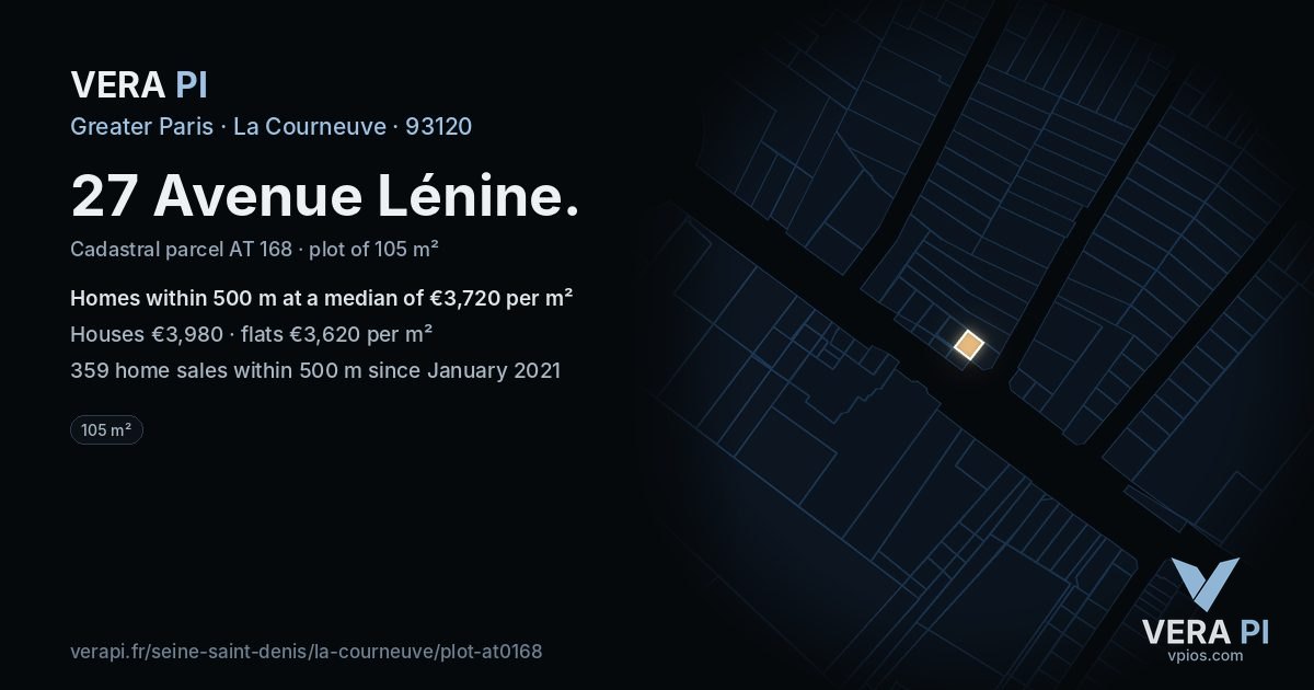 27 Avenue Lénine, La Courneuve at night – the plot lit, the parcels around coloured by the prices near them