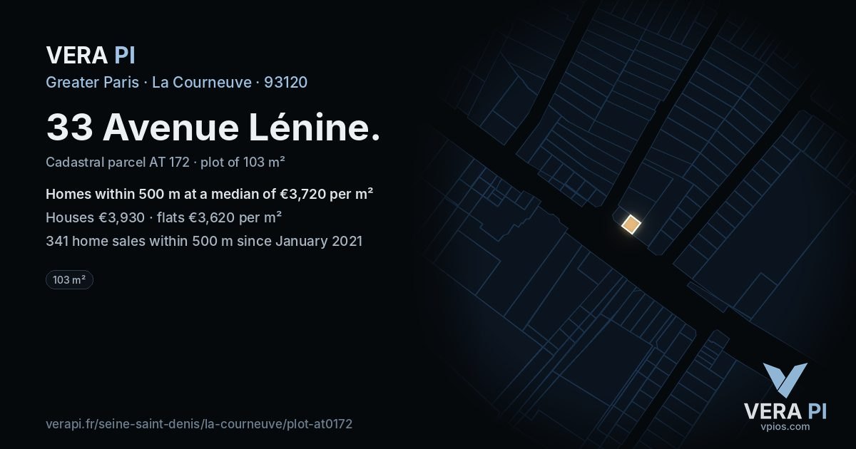 33 Avenue Lénine, La Courneuve at night – the plot lit, the parcels around coloured by the prices near them