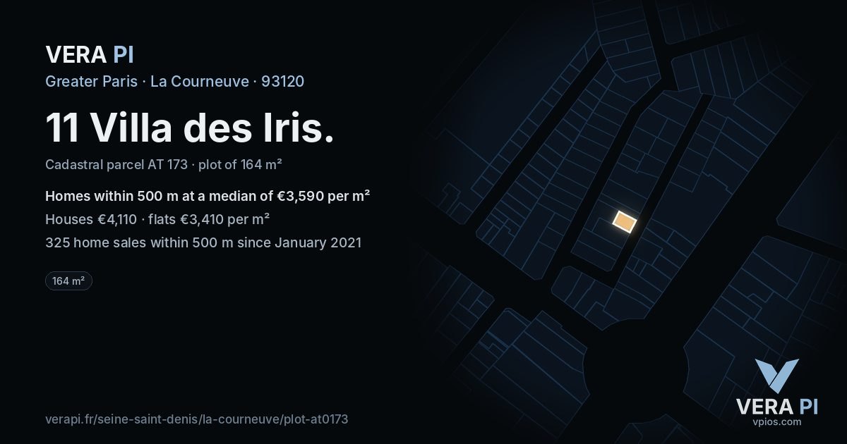 11 Villa des Iris, La Courneuve at night – the plot lit, the parcels around coloured by the prices near them