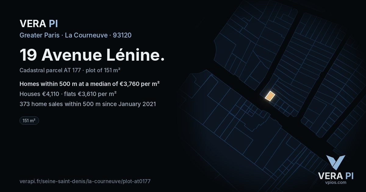19 Avenue Lénine, La Courneuve at night – the plot lit, the parcels around coloured by the prices near them