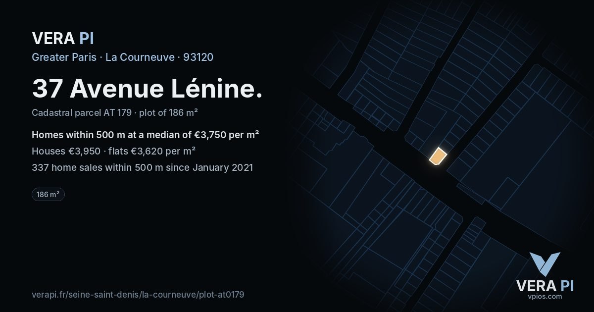 37 Avenue Lénine, La Courneuve at night – the plot lit, the parcels around coloured by the prices near them