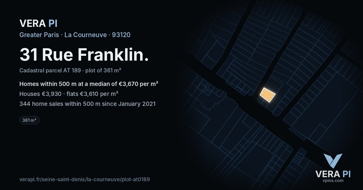 31 Rue Franklin, La Courneuve at night – the plot lit, the parcels around coloured by the prices near them