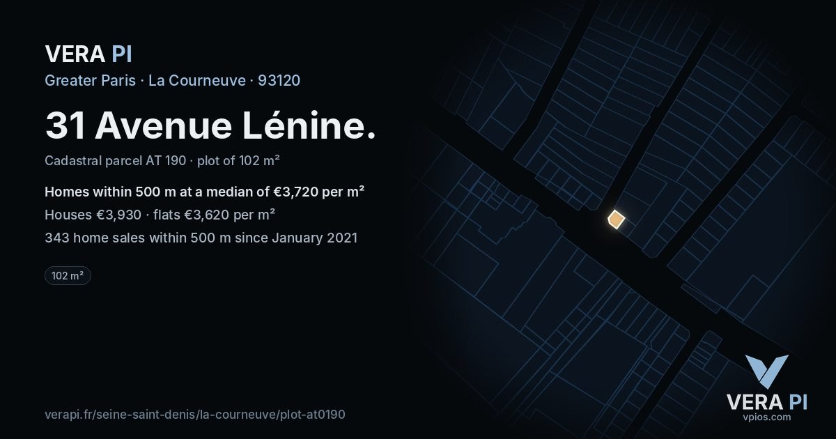 31 Avenue Lénine, La Courneuve at night – the plot lit, the parcels around coloured by the prices near them
