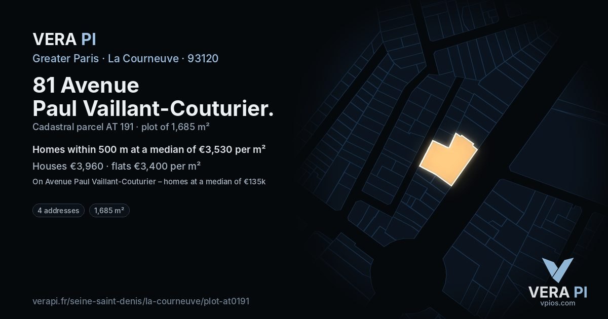 81 Avenue Paul Vaillant-Couturier, La Courneuve at night – the plot lit, the parcels around coloured by the prices near them
