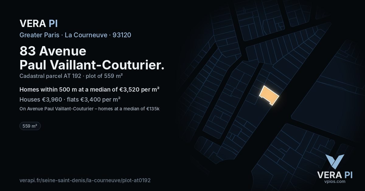 83 Avenue Paul Vaillant-Couturier, La Courneuve at night – the plot lit, the parcels around coloured by the prices near them