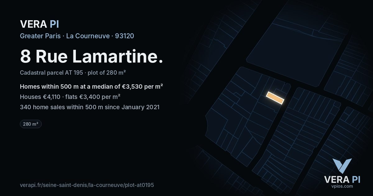 8 Rue Lamartine, La Courneuve at night – the plot lit, the parcels around coloured by the prices near them