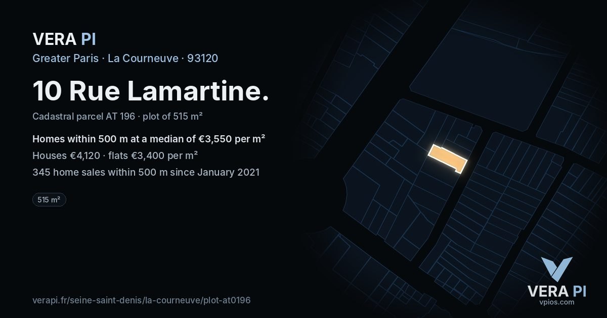 10 Rue Lamartine, La Courneuve at night – the plot lit, the parcels around coloured by the prices near them