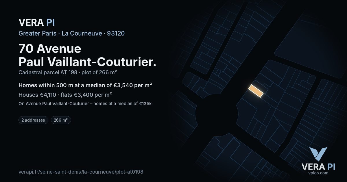 70 Avenue Paul Vaillant-Couturier, La Courneuve at night – the plot lit, the parcels around coloured by the prices near them