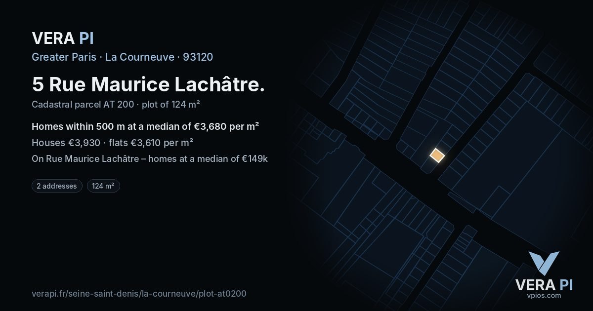5 Rue Maurice Lachâtre, La Courneuve at night – the plot lit, the parcels around coloured by the prices near them
