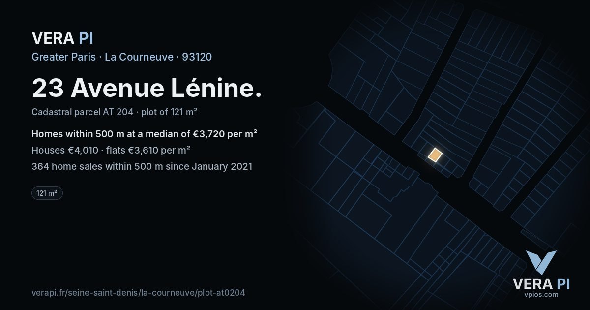 23 Avenue Lénine, La Courneuve at night – the plot lit, the parcels around coloured by the prices near them