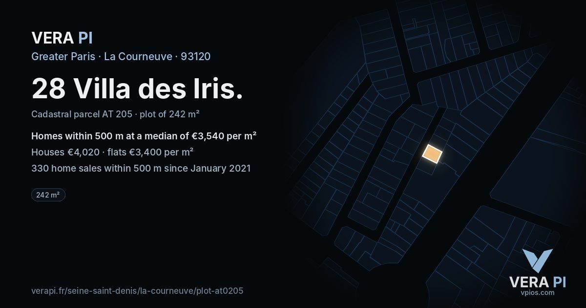 28 Villa des Iris, La Courneuve at night – the plot lit, the parcels around coloured by the prices near them