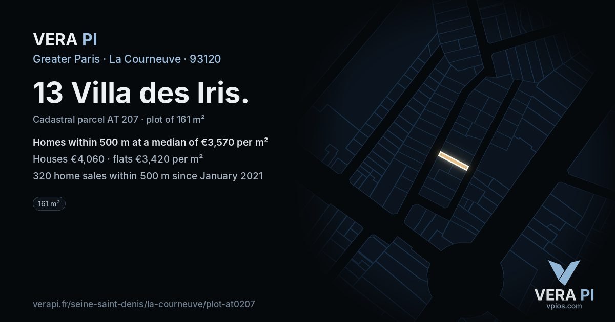 13 Villa des Iris, La Courneuve at night – the plot lit, the parcels around coloured by the prices near them