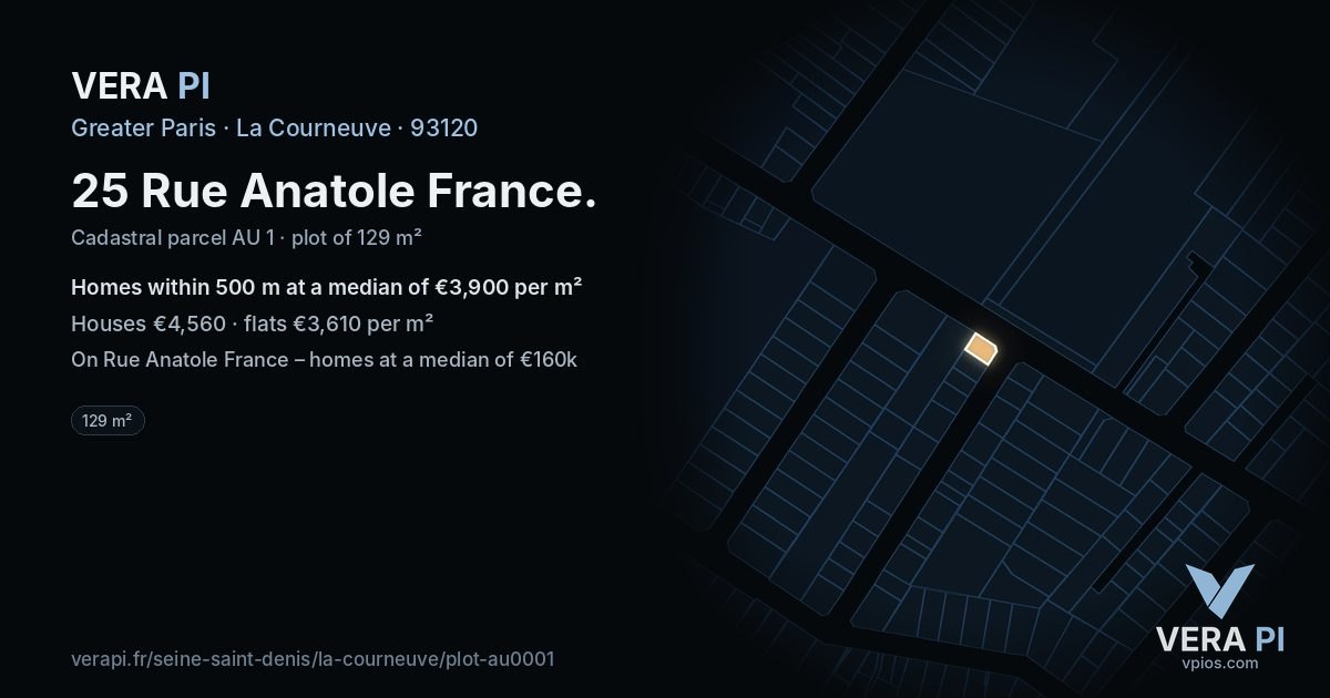 25 Rue Anatole France, La Courneuve at night – the plot lit, the parcels around coloured by the prices near them