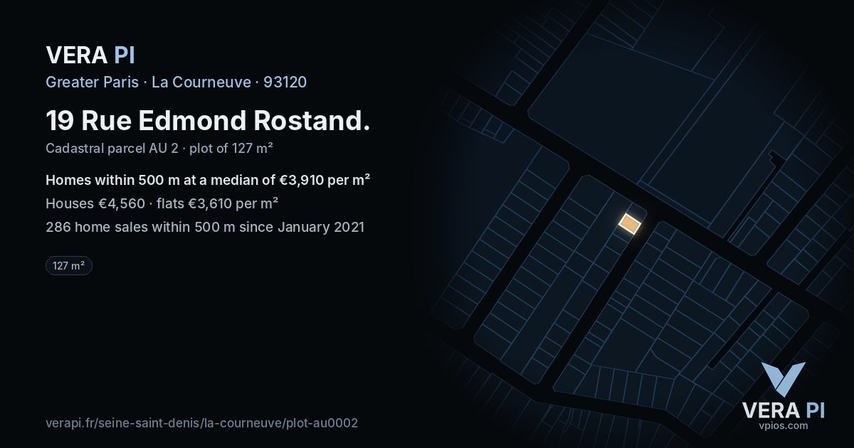 19 Rue Edmond Rostand, La Courneuve at night – the plot lit, the parcels around coloured by the prices near them