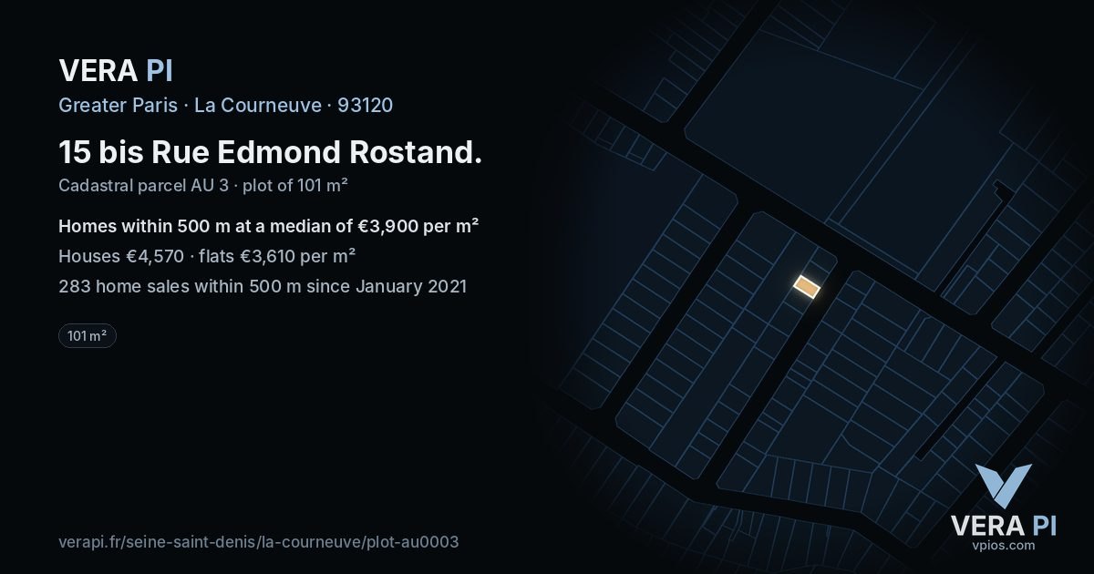 15 bis Rue Edmond Rostand, La Courneuve at night – the plot lit, the parcels around coloured by the prices near them