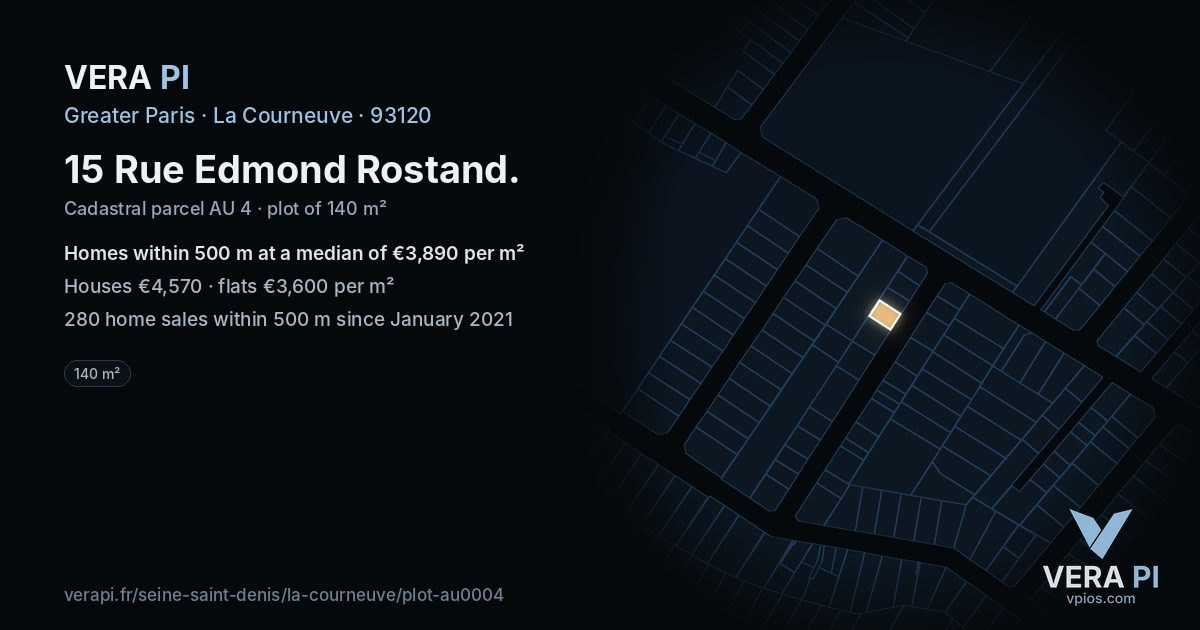 15 Rue Edmond Rostand, La Courneuve at night – the plot lit, the parcels around coloured by the prices near them