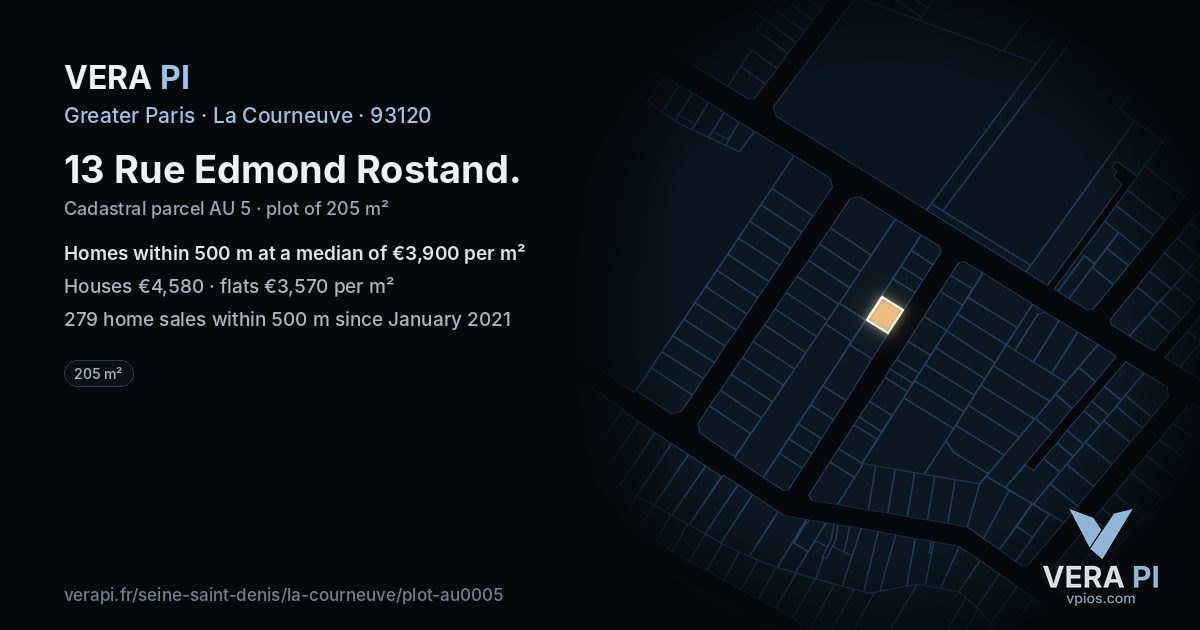 13 Rue Edmond Rostand, La Courneuve at night – the plot lit, the parcels around coloured by the prices near them