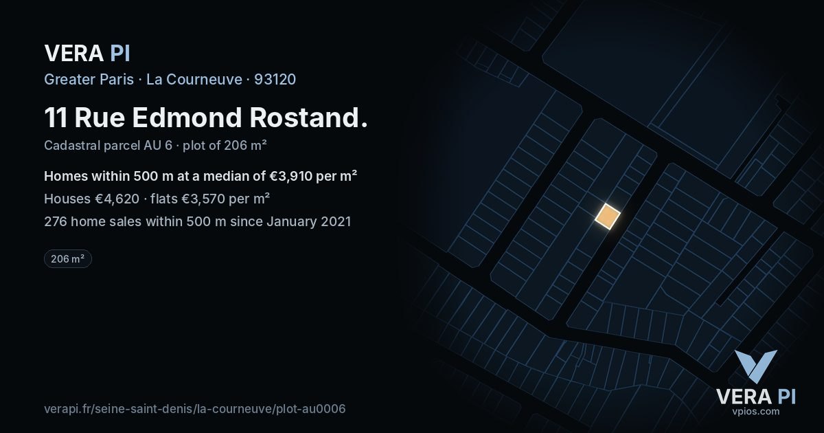11 Rue Edmond Rostand, La Courneuve at night – the plot lit, the parcels around coloured by the prices near them