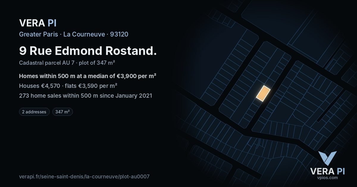 9 Rue Edmond Rostand, La Courneuve at night – the plot lit, the parcels around coloured by the prices near them