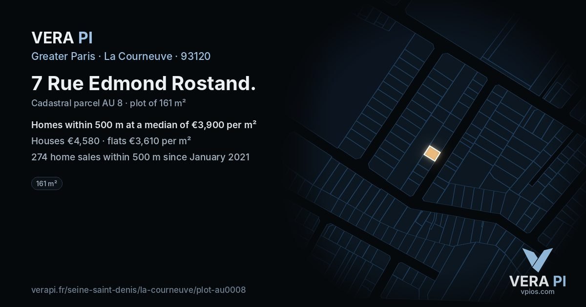 7 Rue Edmond Rostand, La Courneuve at night – the plot lit, the parcels around coloured by the prices near them