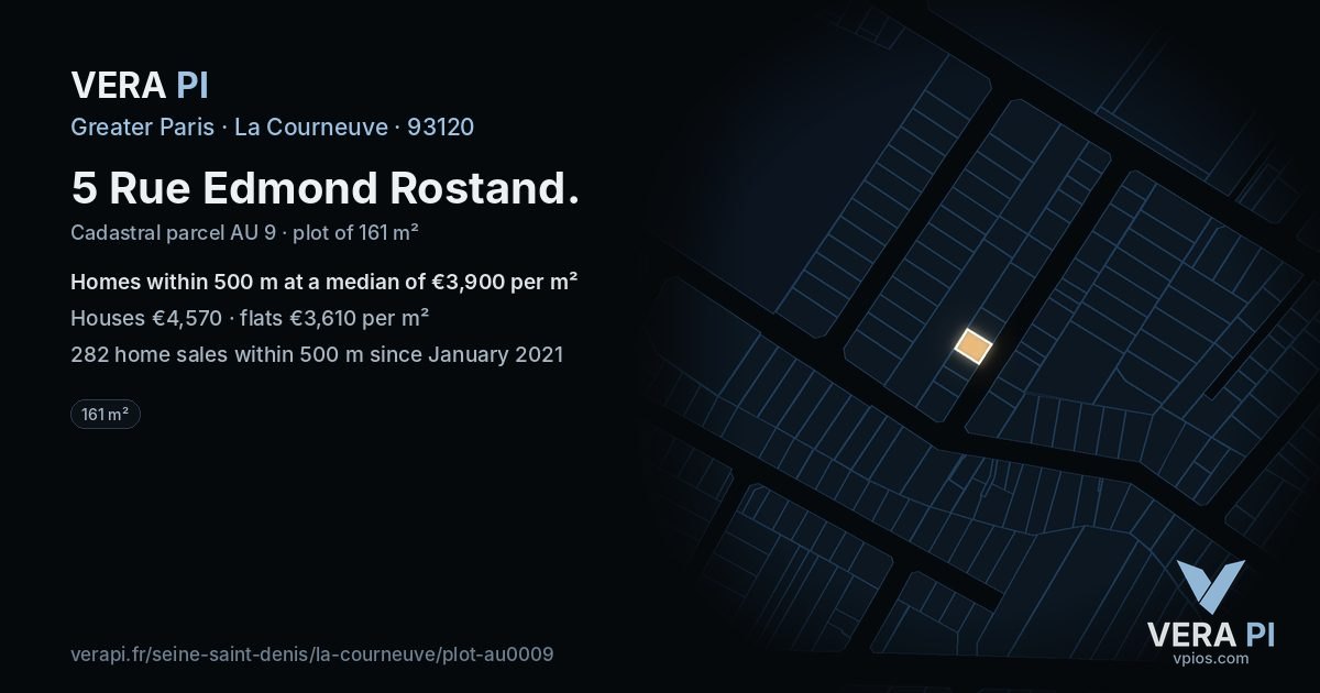 5 Rue Edmond Rostand, La Courneuve at night – the plot lit, the parcels around coloured by the prices near them