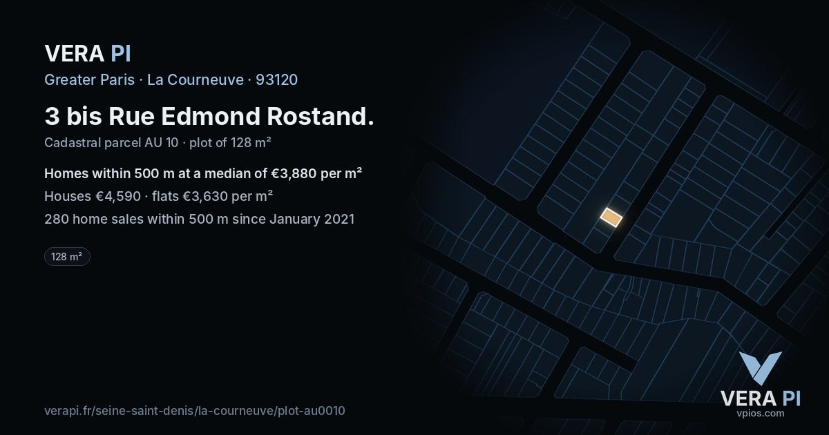 3 bis Rue Edmond Rostand, La Courneuve at night – the plot lit, the parcels around coloured by the prices near them