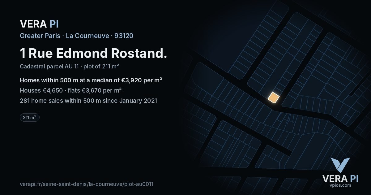 1 Rue Edmond Rostand, La Courneuve at night – the plot lit, the parcels around coloured by the prices near them